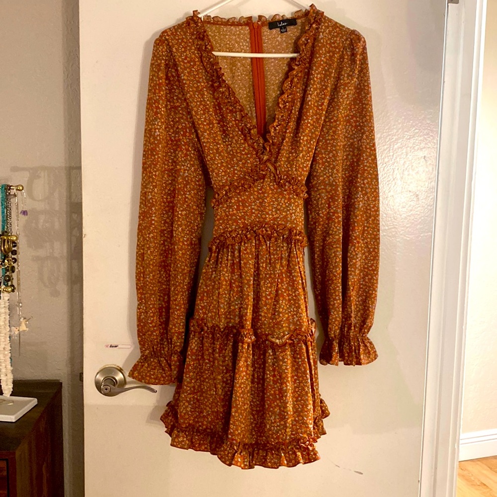 Rust orange, floral, long sleeve mini dress